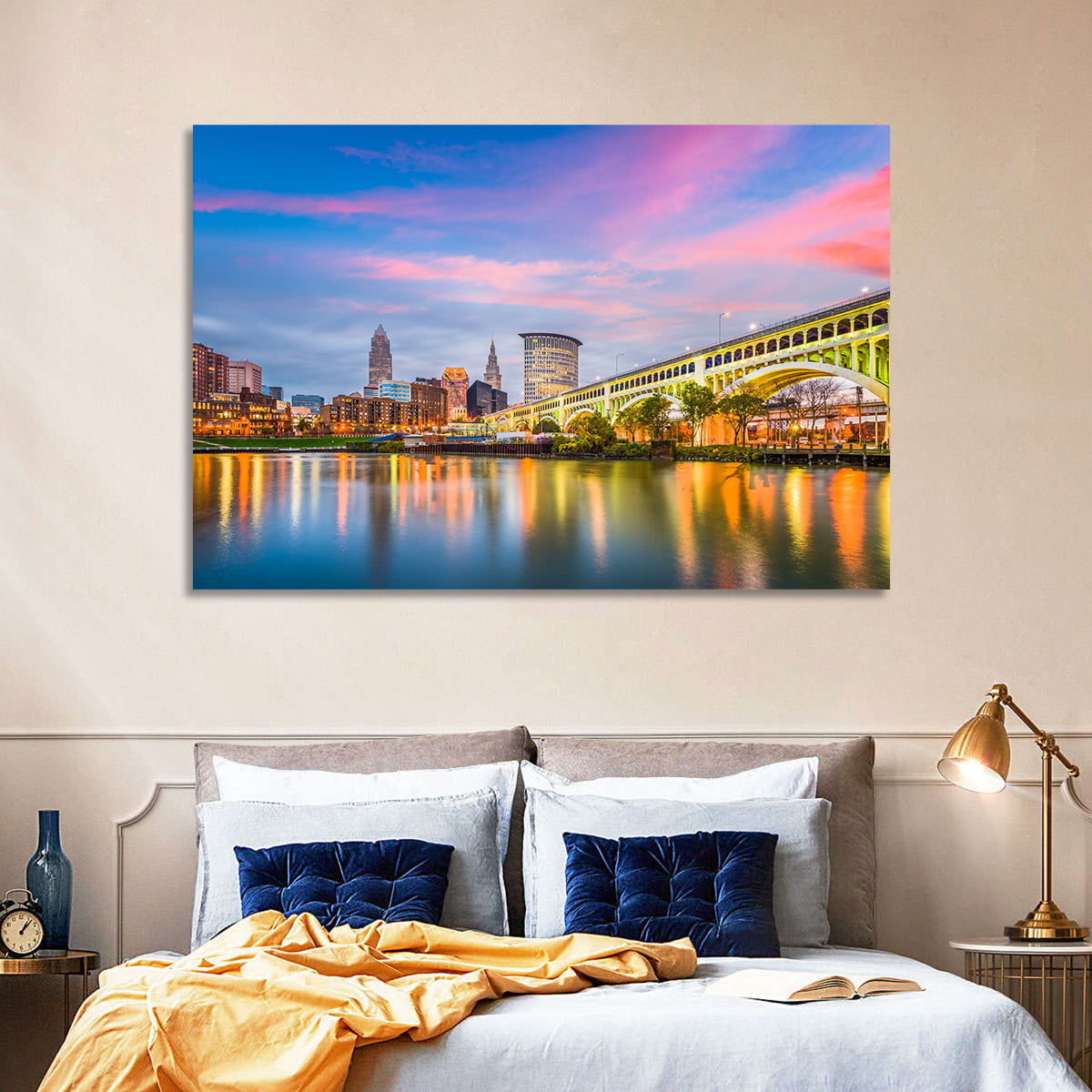 Cleveland Skyline at Dusk Wall Art in a room, landscape