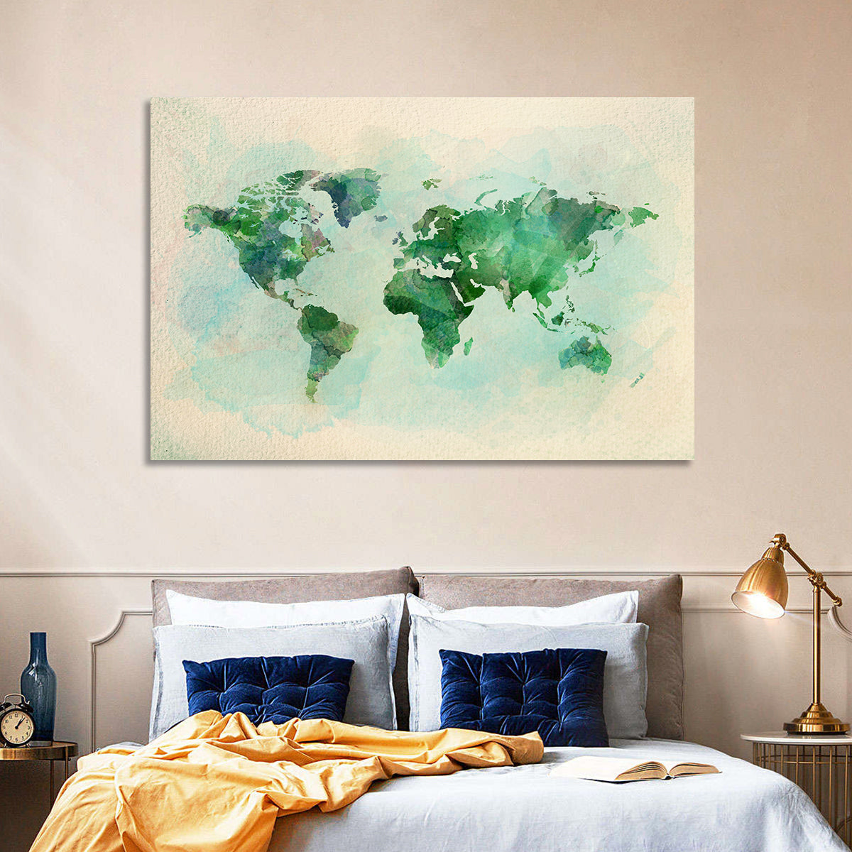 Green Watercolor World Map Wall Art