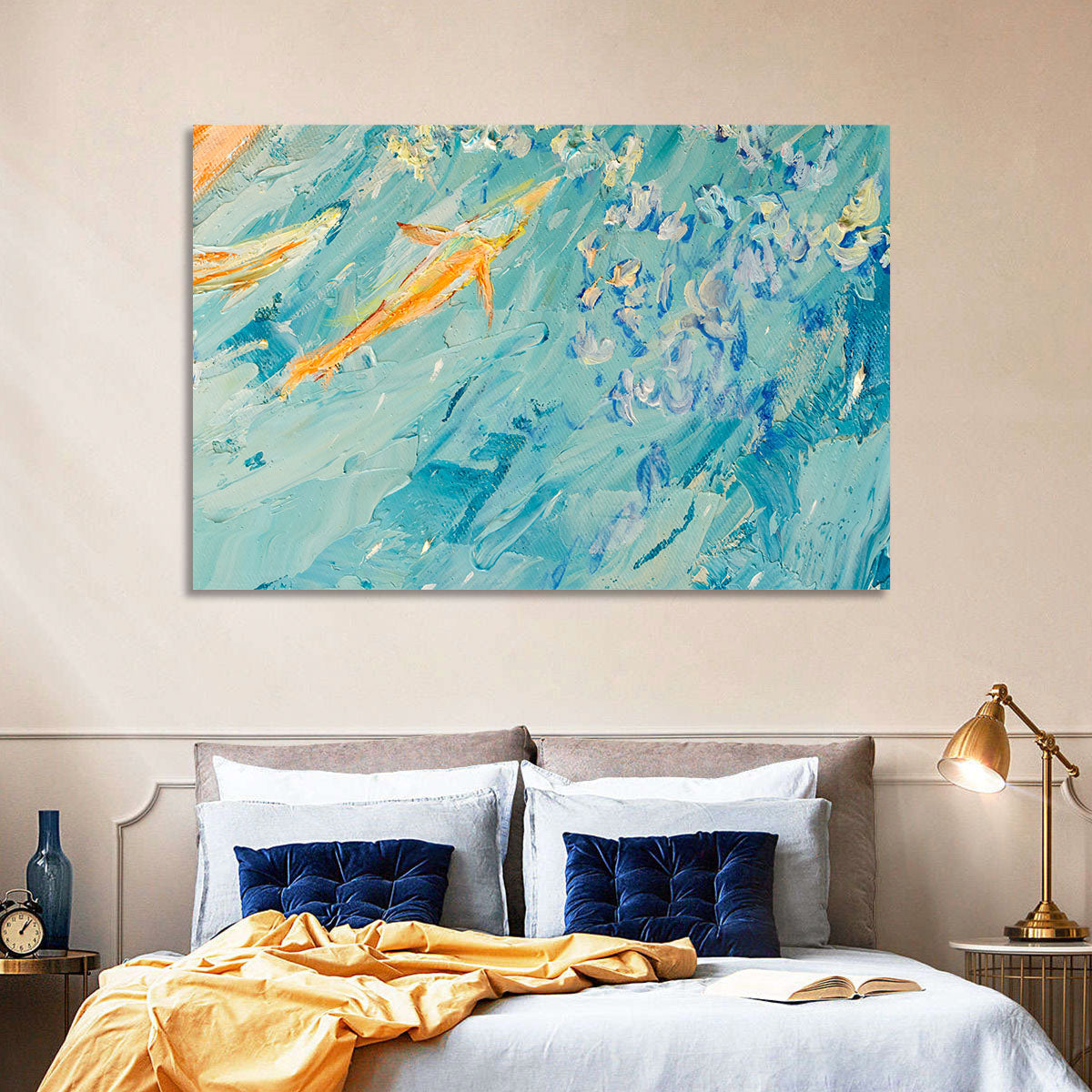Koi in Blue Abstract Wall Art in a room, landscape