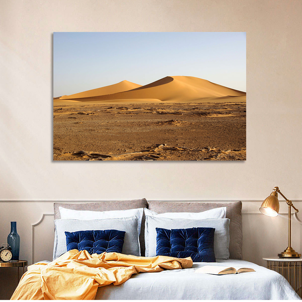 Golden Hour Desert Dunes Wall Art in a room, landscape