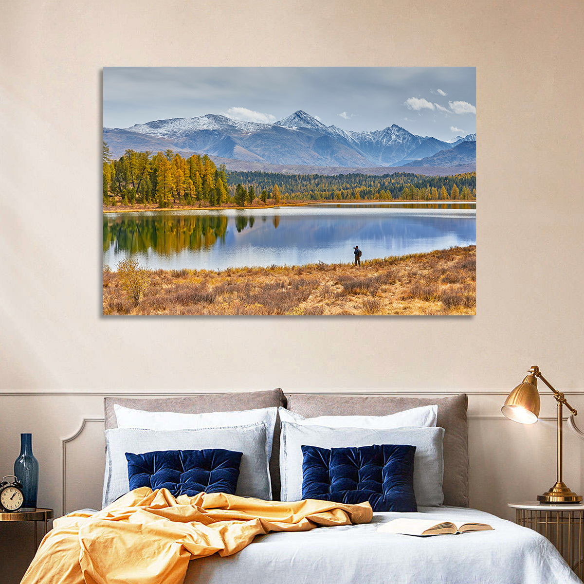 Autumn Mountain Lake Reflection Wall Art in a room, landscape