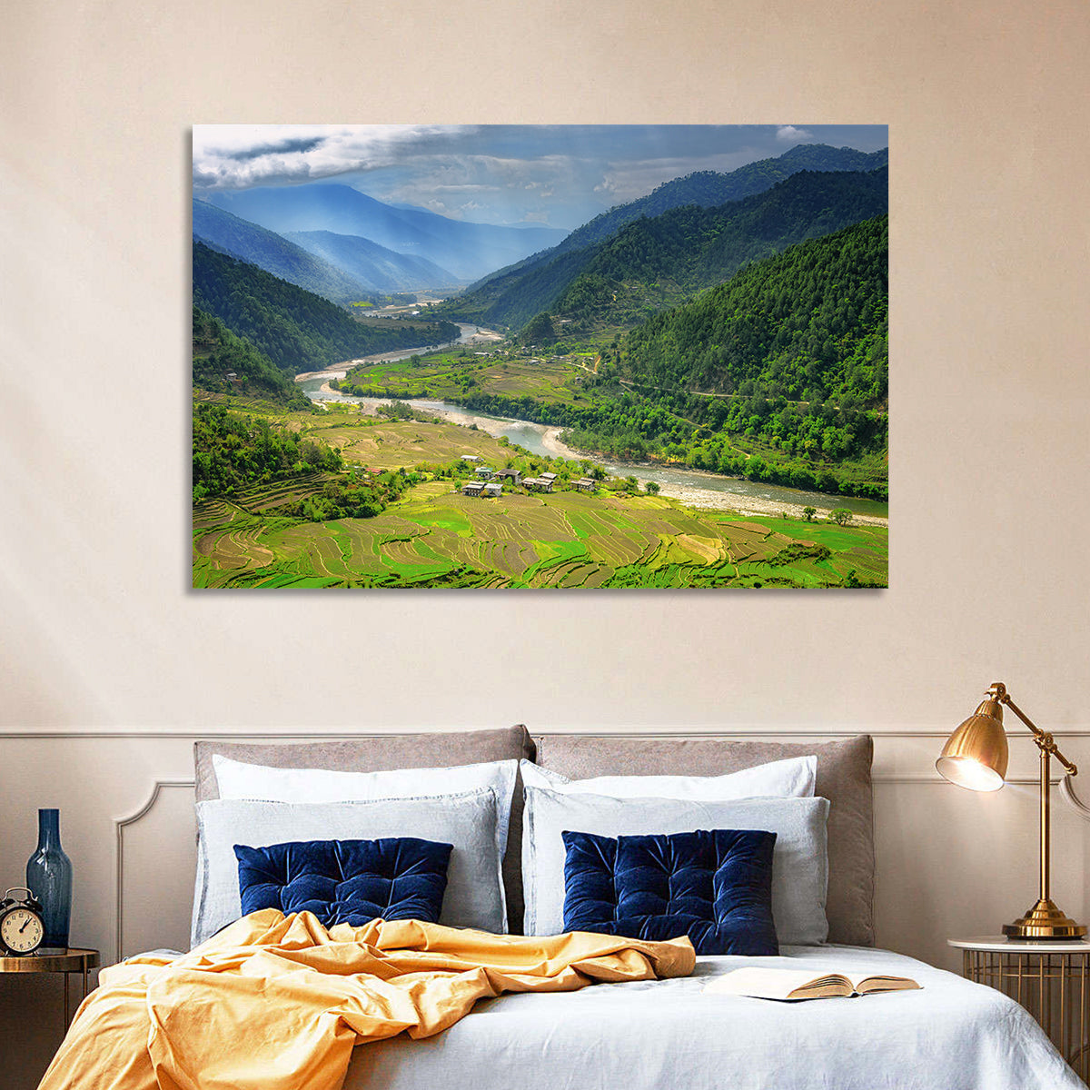 Punakha River Valley with Terraced Rice Fields Wall Art in a room, landscape