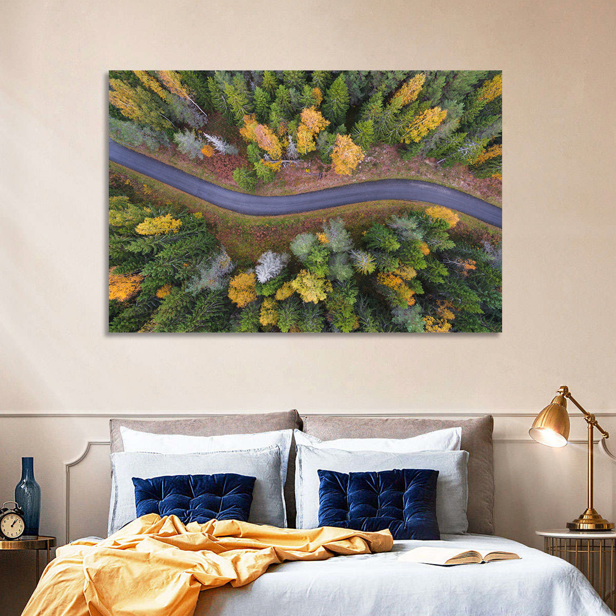 Aerial Autumn Forest Road Wall Art in a room, landscape