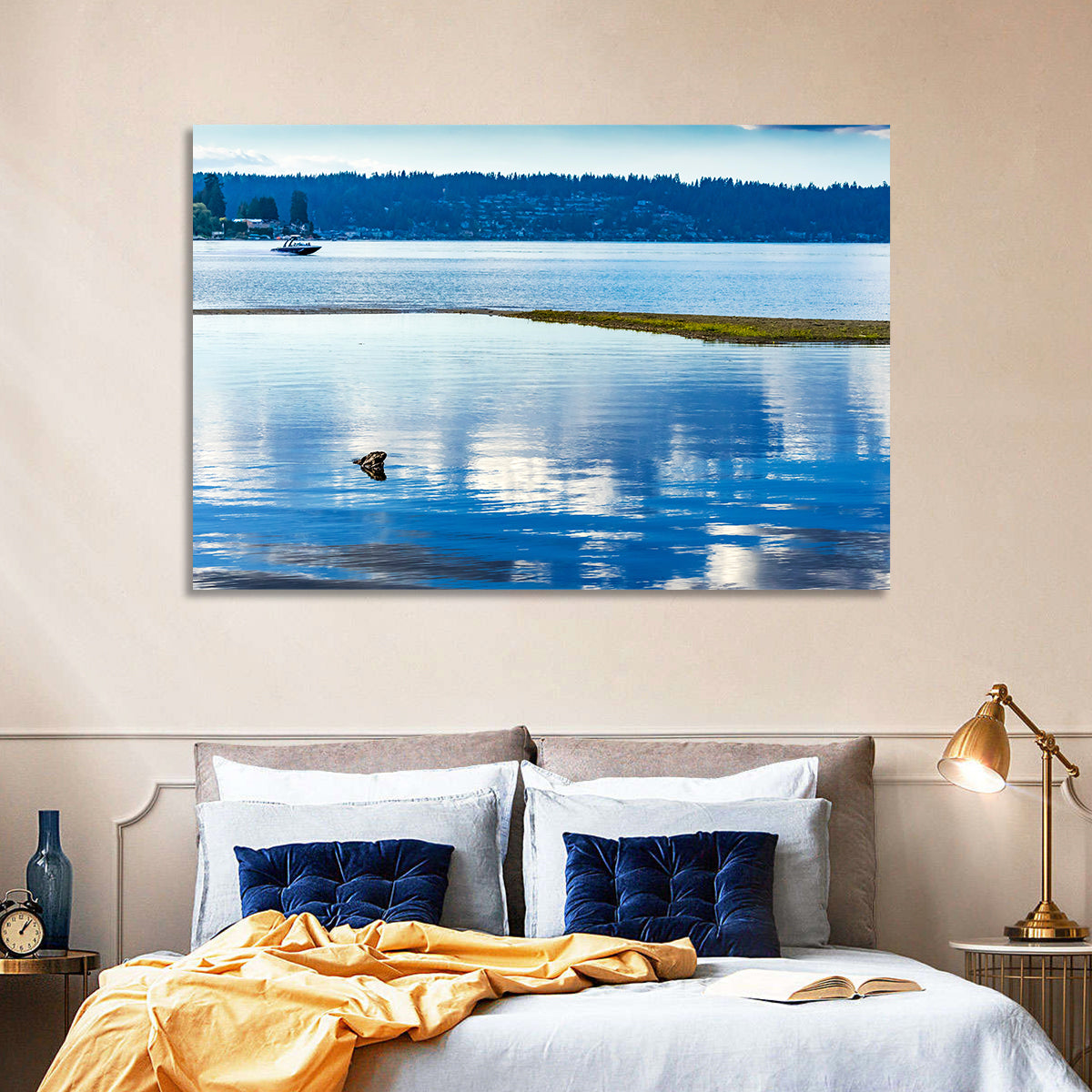 Lake Sammamish Reflection Wall Art in a room, landscape
