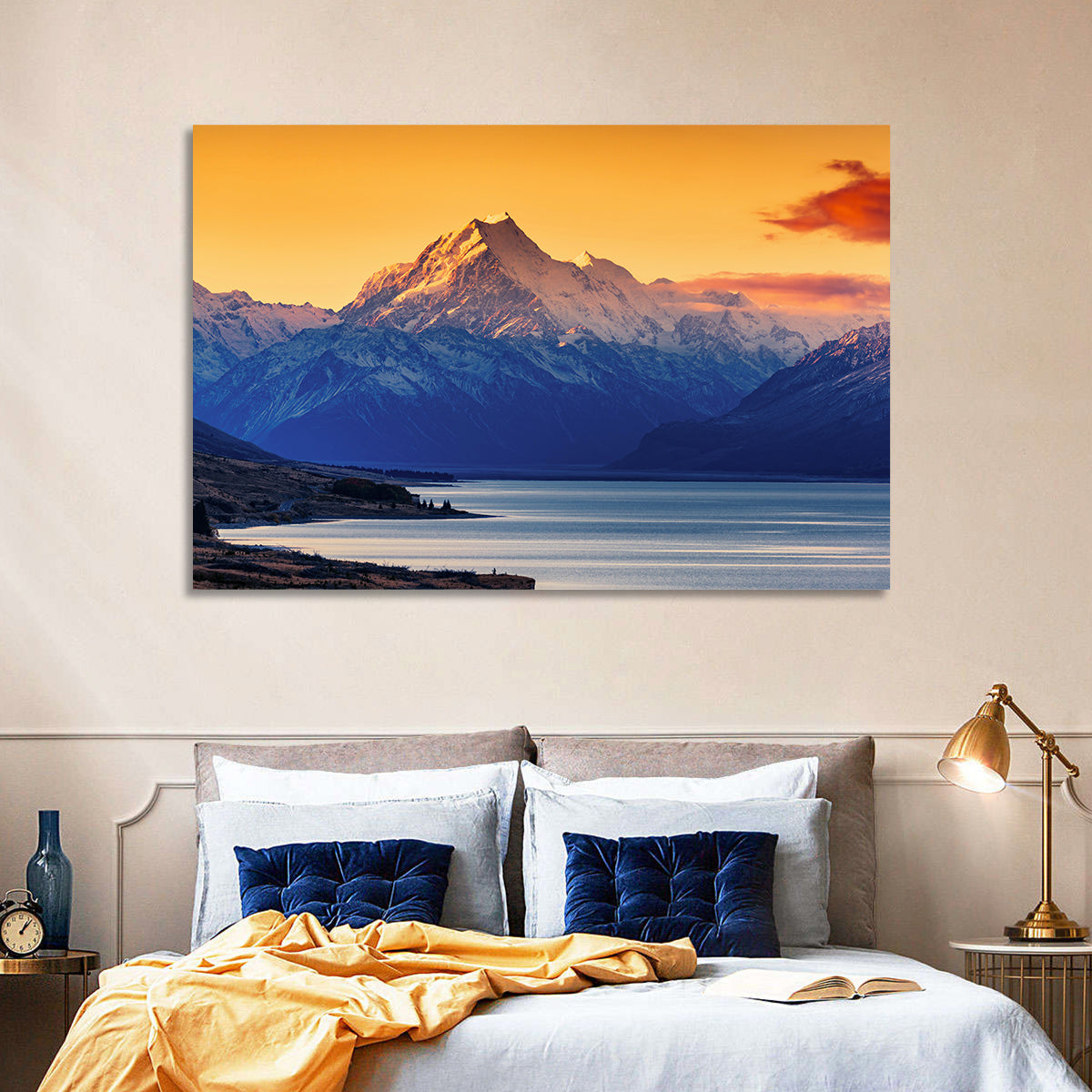 Aoraki Mount Cook Over Lake Pukaki Wall Art in a room, landscape