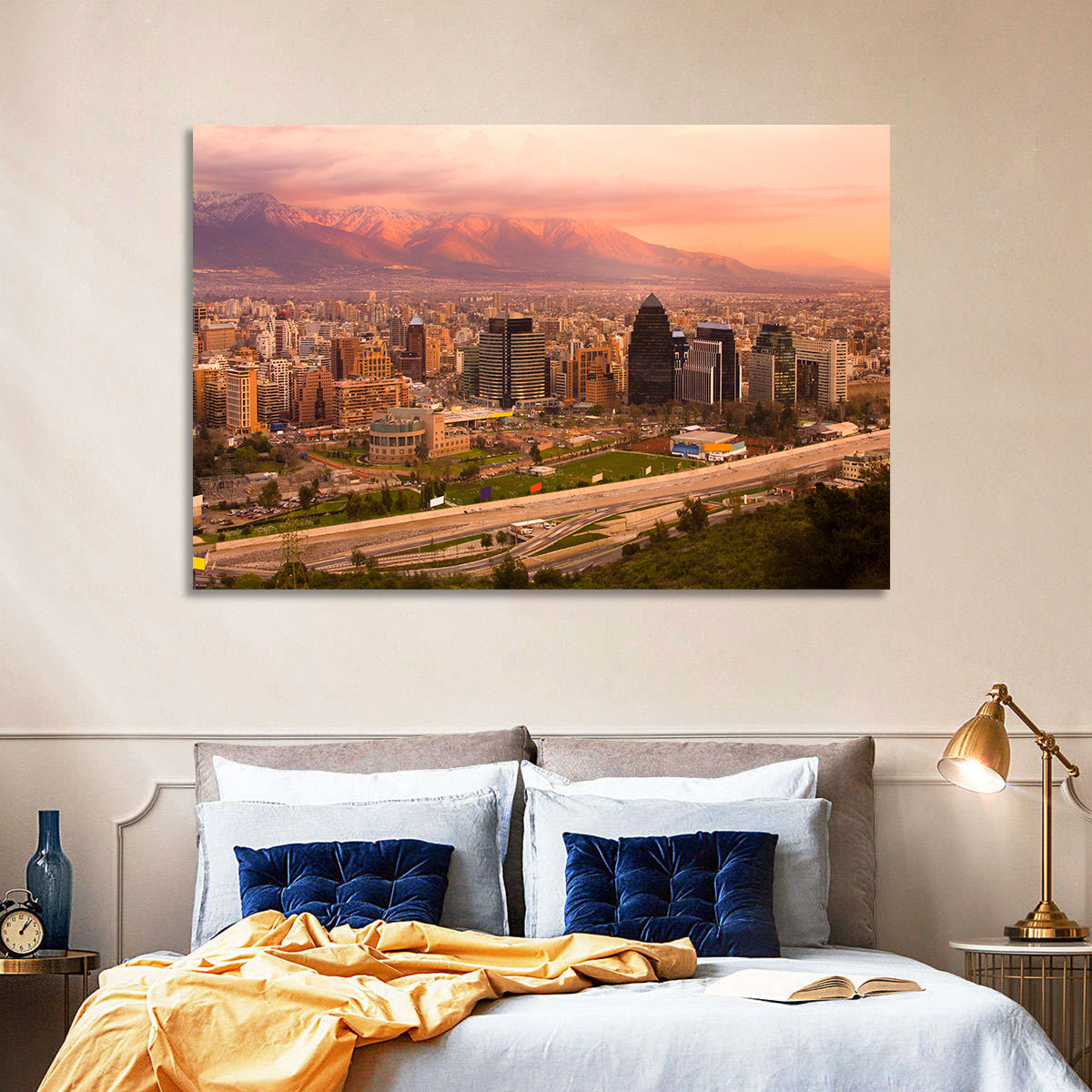 Santiago Skyline at Sunset Wall Art in a room, landscape