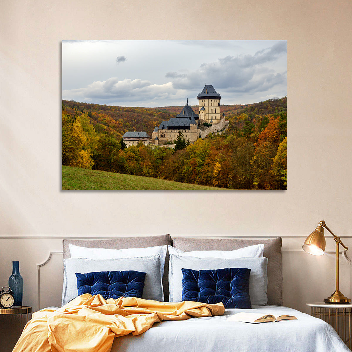Karlštejn Castle in Autumn Forest Wall Art in a room, landscape