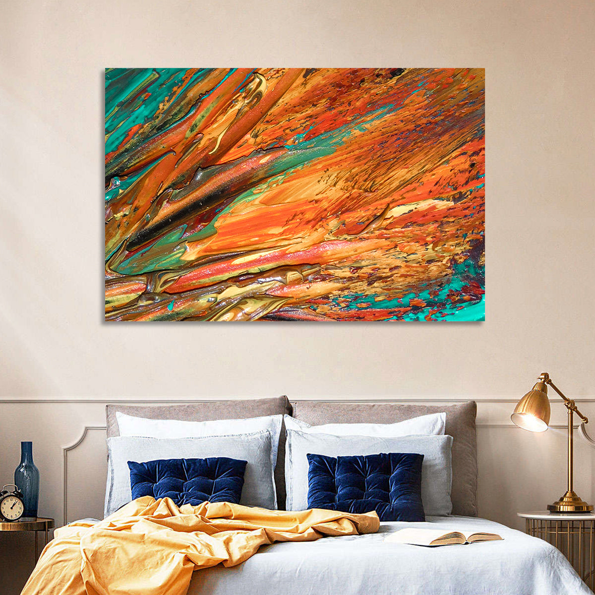 Flowing River Abstract in Orange and Teal Wall Art in a room, landscape
