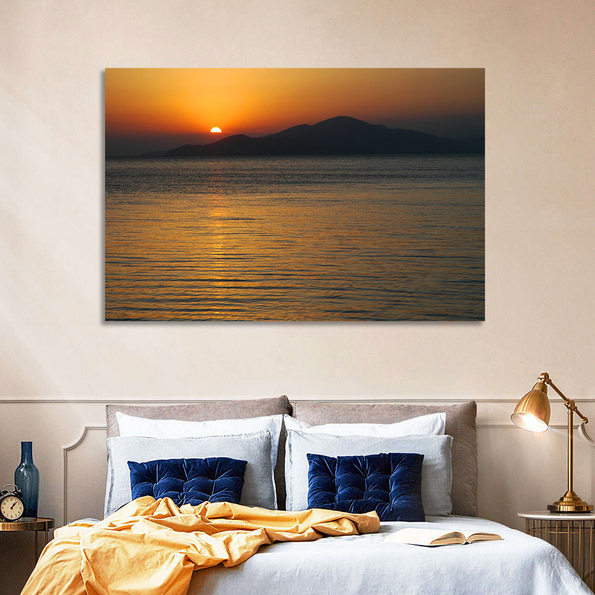 Lake Sevan Sunset Reflection Wall Art in a room, landscape