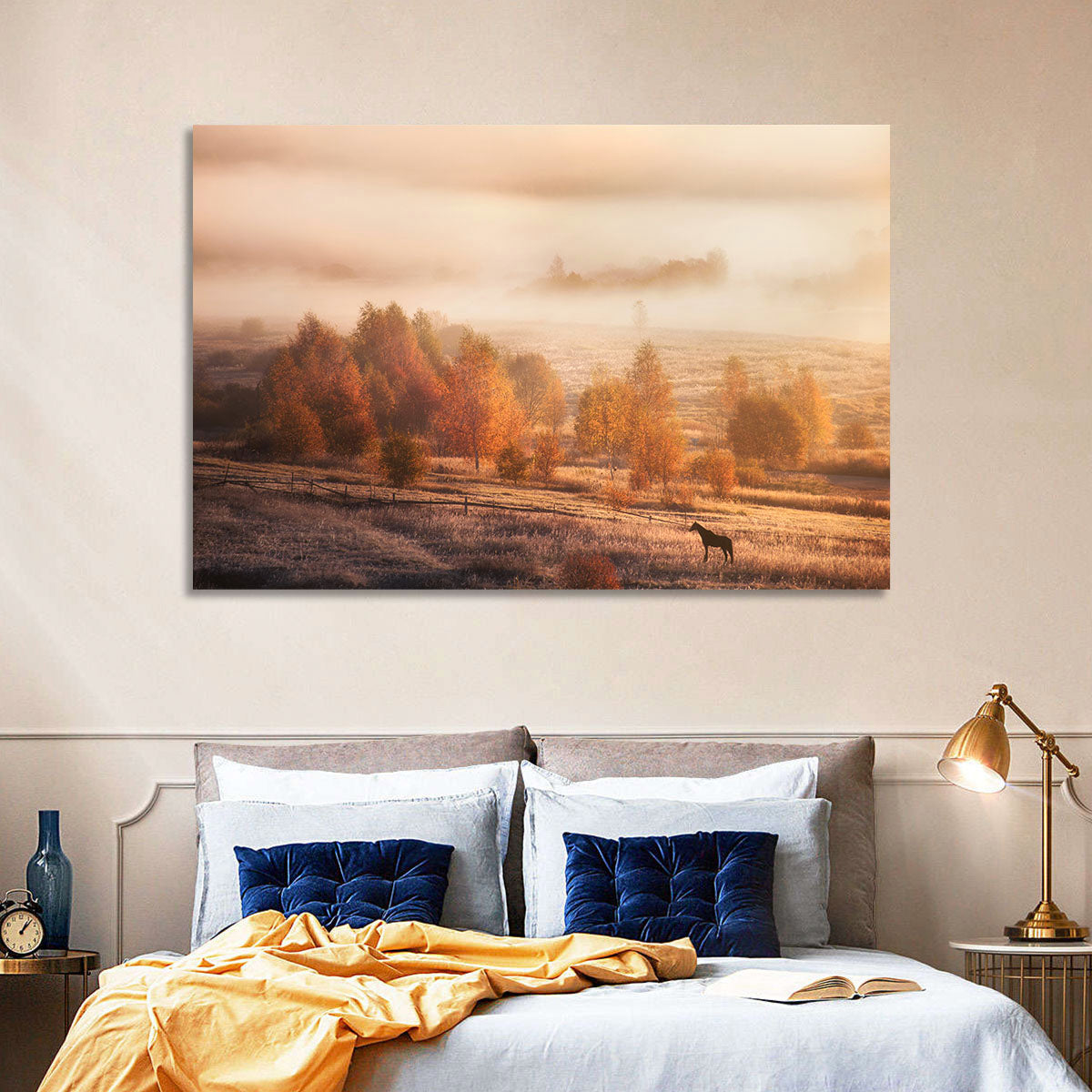 Autumn Morning Horse Silhouette Wall Art in a room, landscape