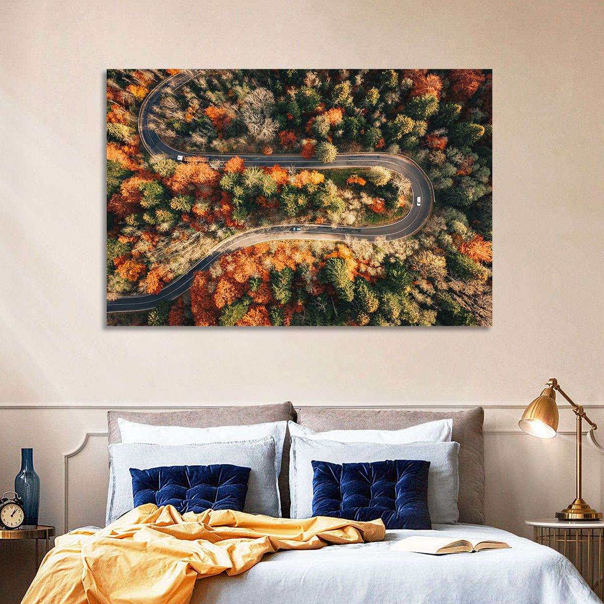 Aerial Winding Autumn Forest Road Wall Art in a room, landscape