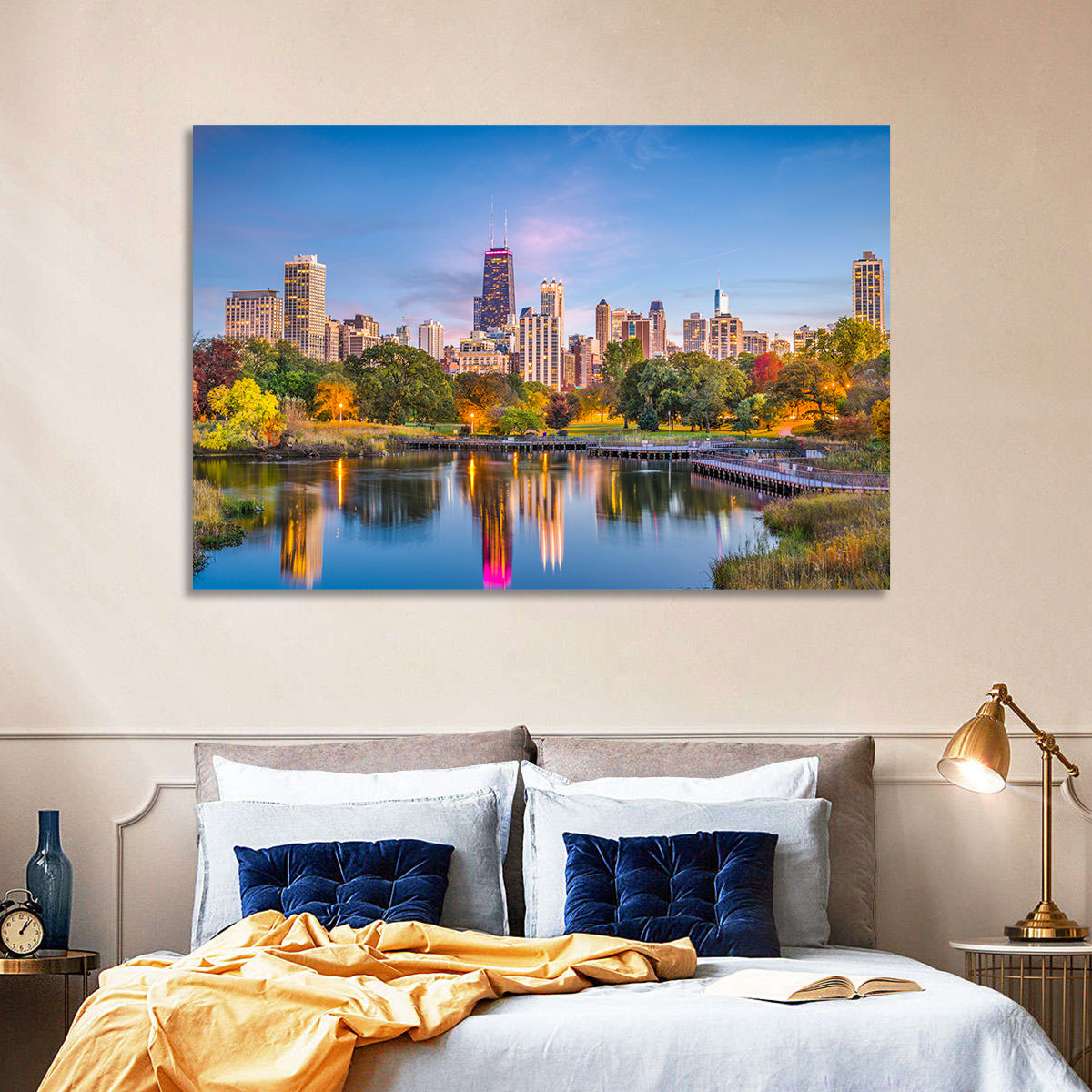 Chicago Skyline at Twilight Wall Art in a room, landscape