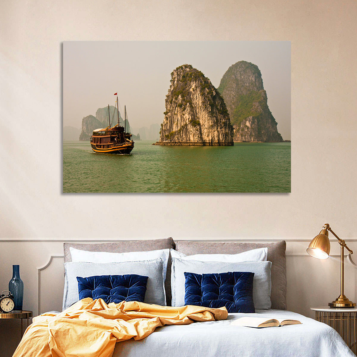 Ha Long Bay Junk Boat and Karst Cliffs Wall Art