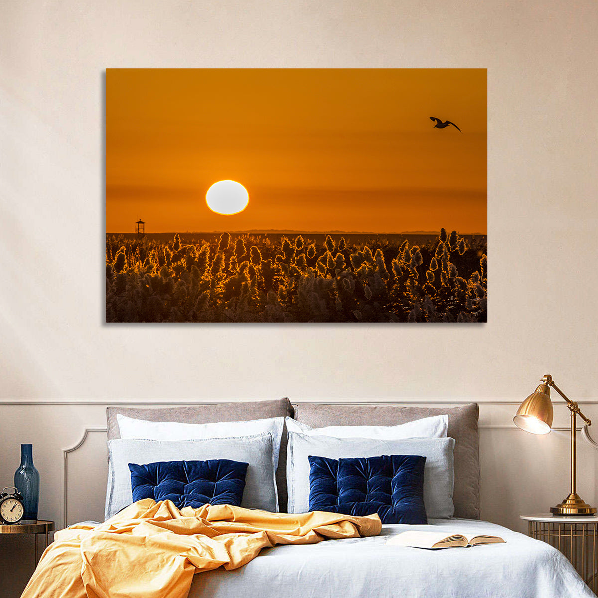 Golden Sunrise Over Reeds Wall Art in a room, landscape