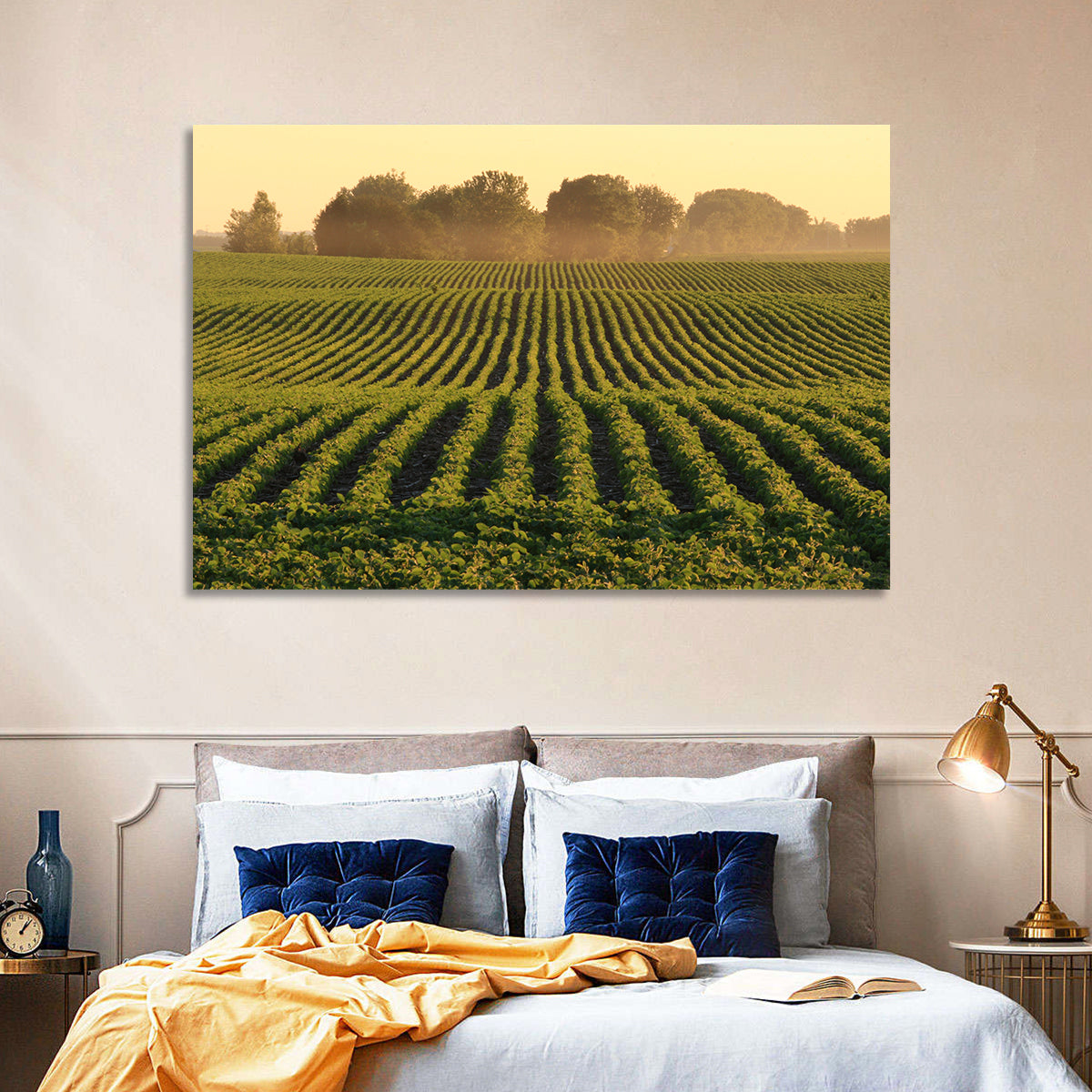 Misty Soybean Field at Dusk Wall Art in a room, landscape