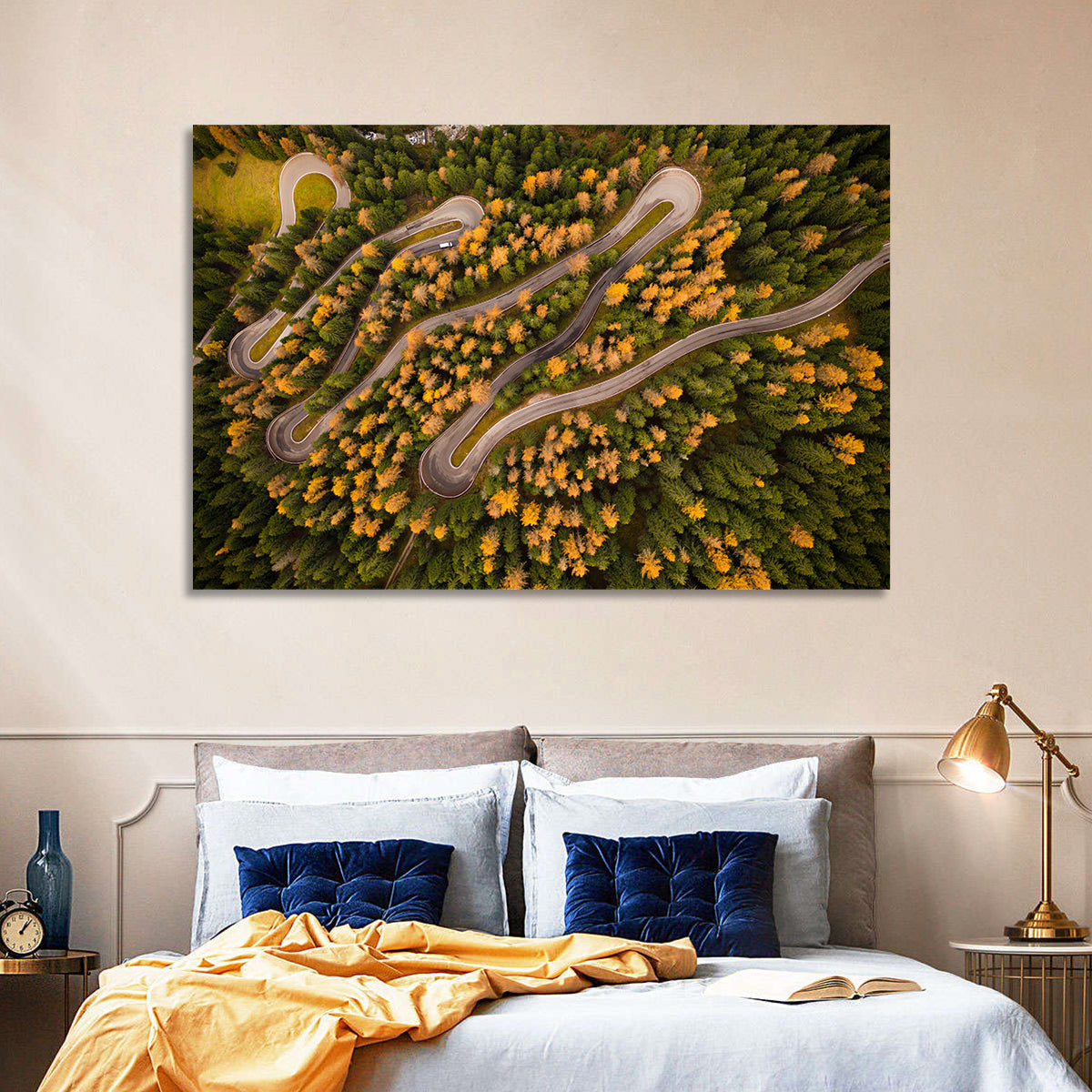 Aerial Curvy Forest Road Wall Art in a room, landscape