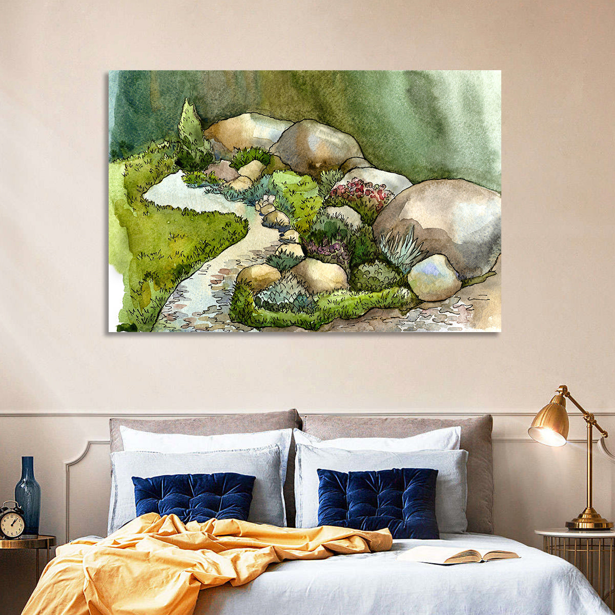Watercolor Rock Garden Stream Wall Art in a room, landscape