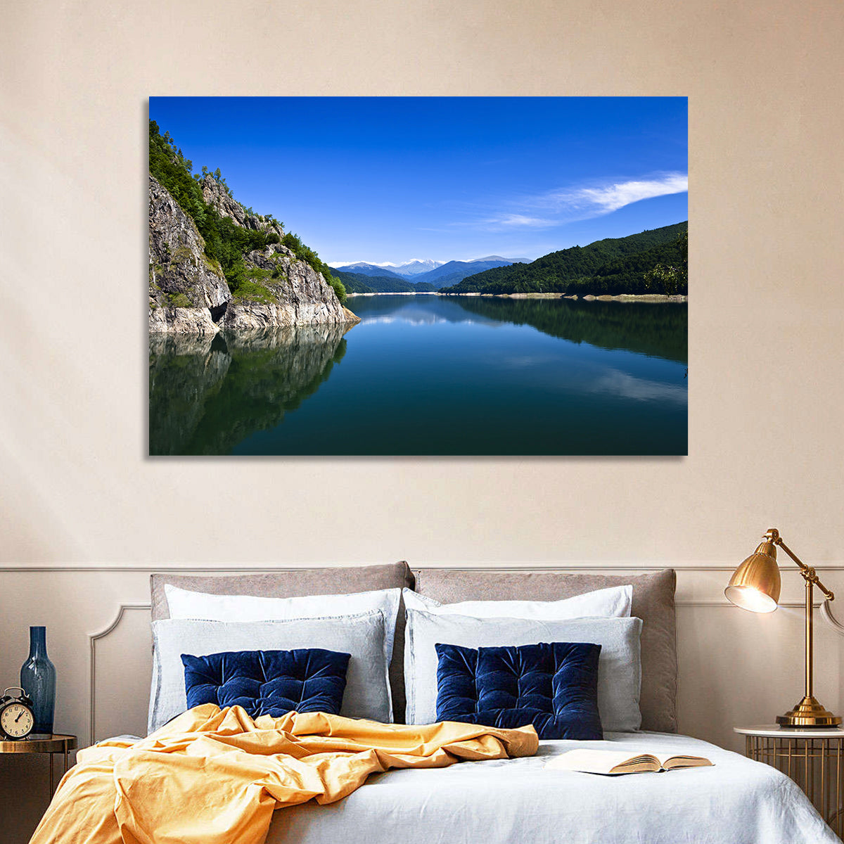 Calm Mountain Lake Reflection Wall Art in a room, landscape