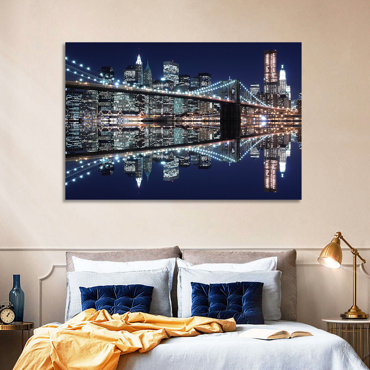 Brooklyn Bridge Symphony at Night Wall Art in a room, landscape