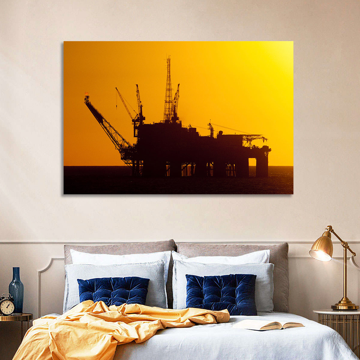 Oil Rig Silhouette at Sunset Wall Art in a room, landscape