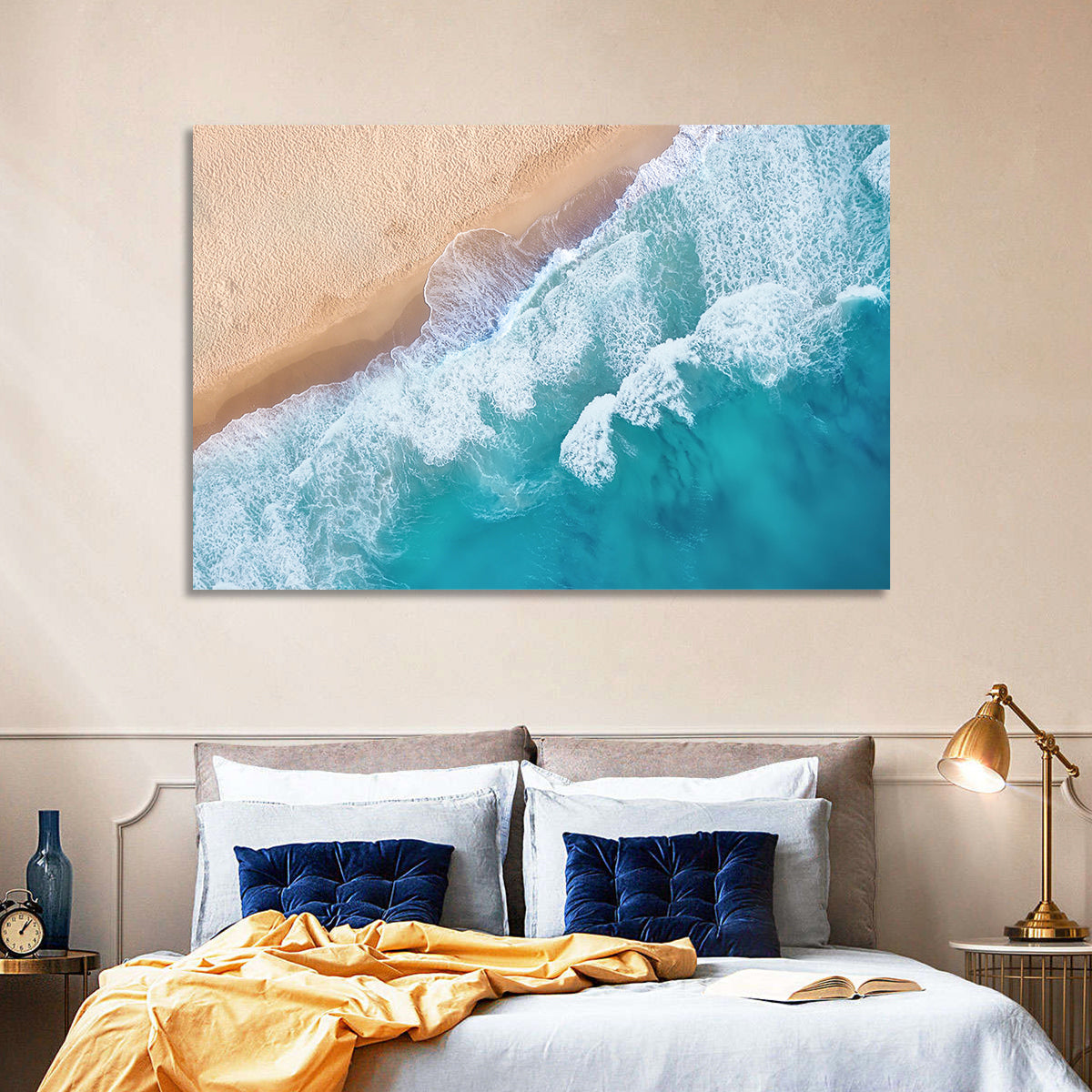 Aerial Turquoise Beach Waves Wall Art in a room, landscape