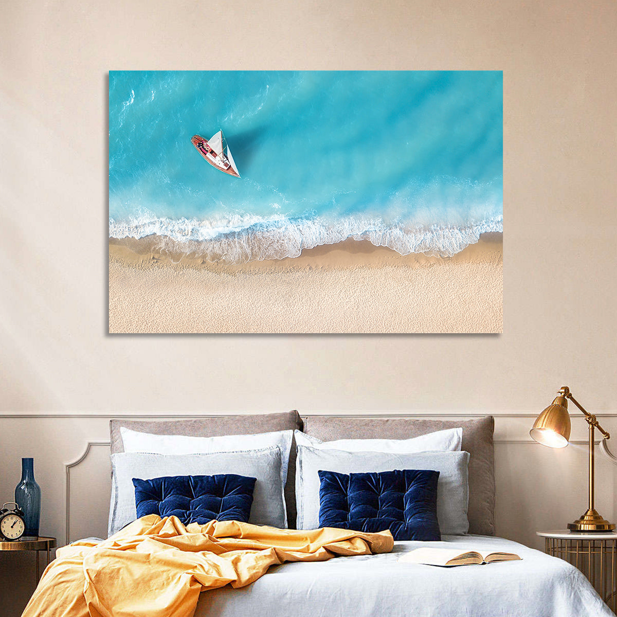 Centered Sailboat Over Turquoise Sea Wall Art in a room, landscape