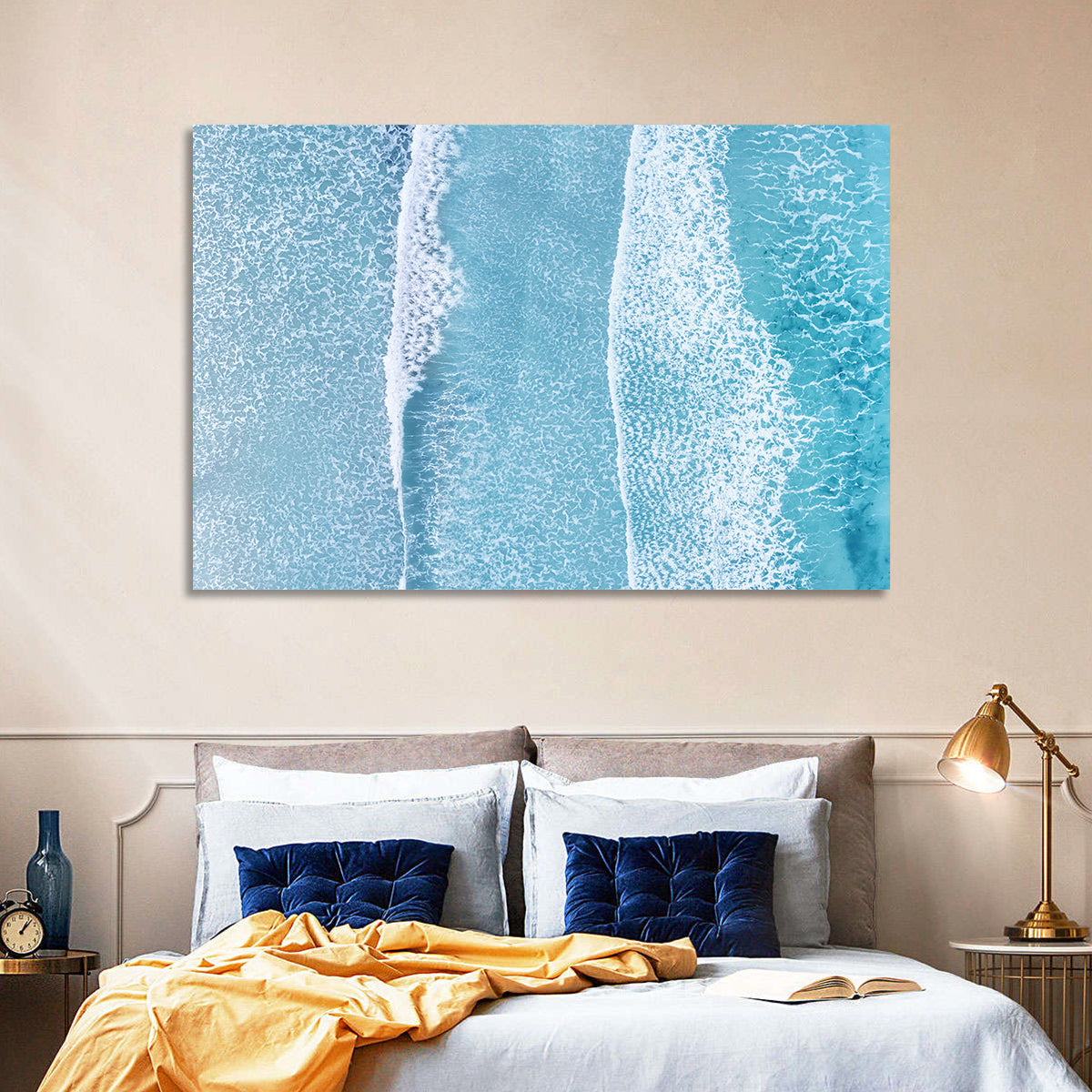 Twin Breaking Waves Over Turquoise Sea Wall Art in a room, landscape