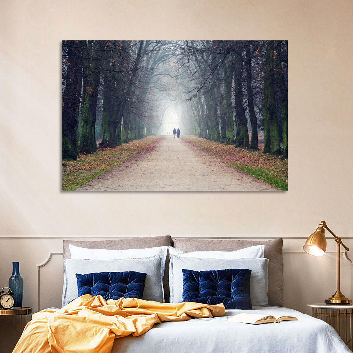 Foggy Tree Lined Walkway in Autumn Wall Art in a room, landscape