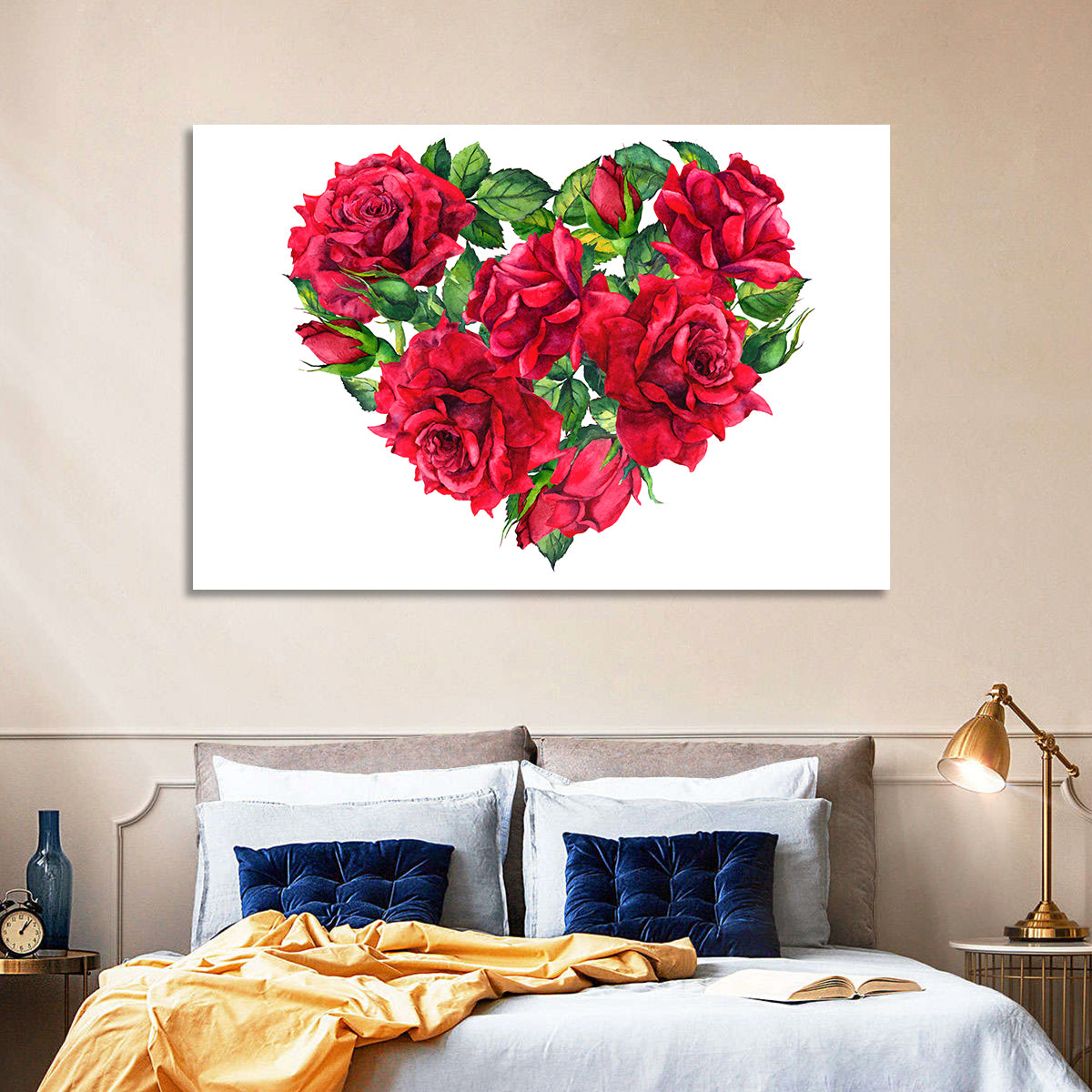 Watercolor Rose Heart Wall Art in a room, landscape