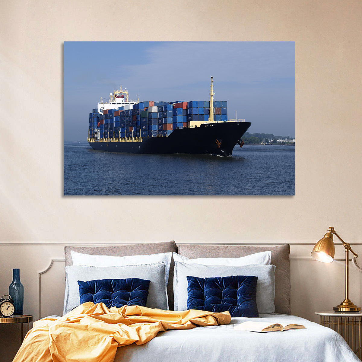 Container Ship in Motion Wall Art in a room, landscape