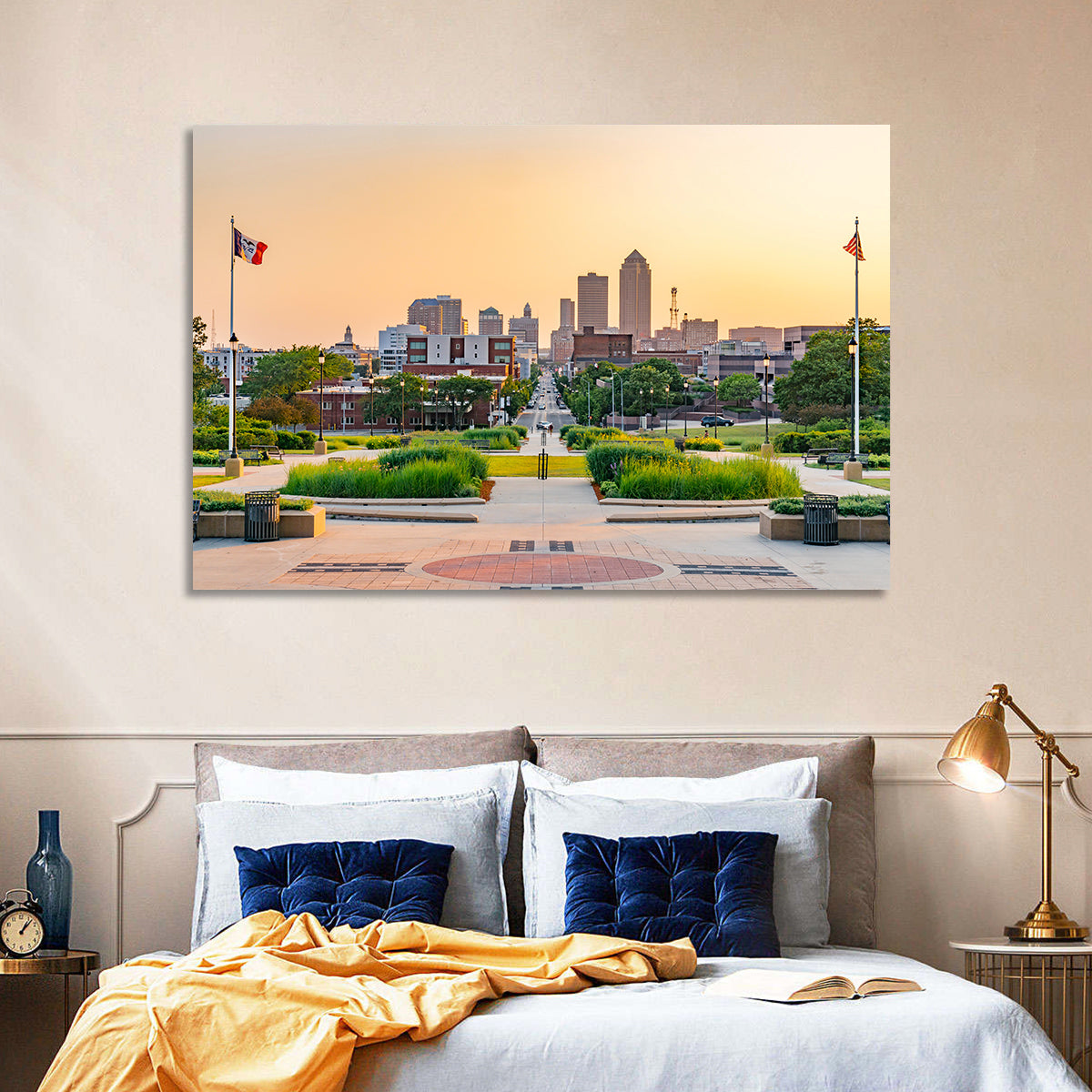 Des Moines Golden Hour Skyline Wall Art in a room, landscape