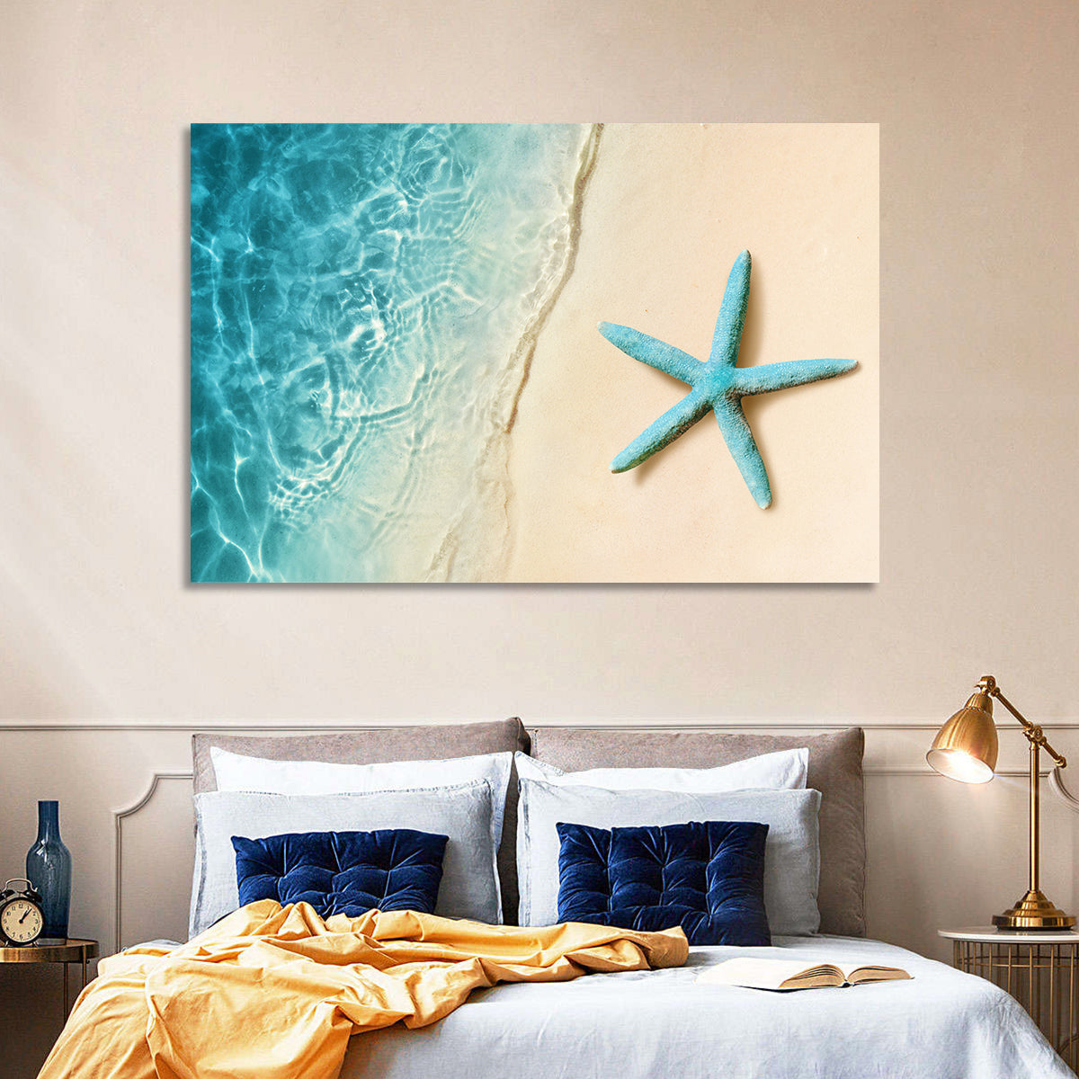 Blue Starfish on Sandy Beach Wall Art in a room, landscape