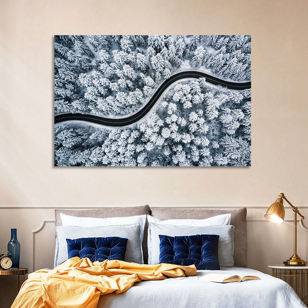 S-curve Winter Forest Road Wall Art in a room, landscape