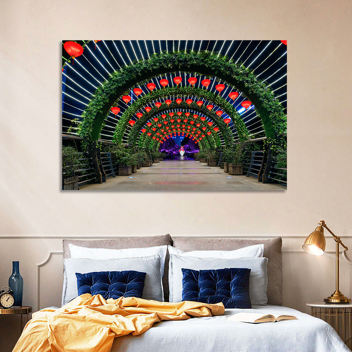 Red Lantern Trellis Tunnel Wall Art in a room, landscape