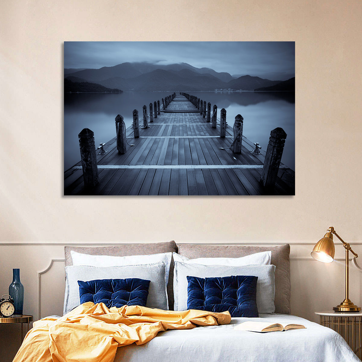 Long Lake Pier at Dusk Wall Art in a room, landscape