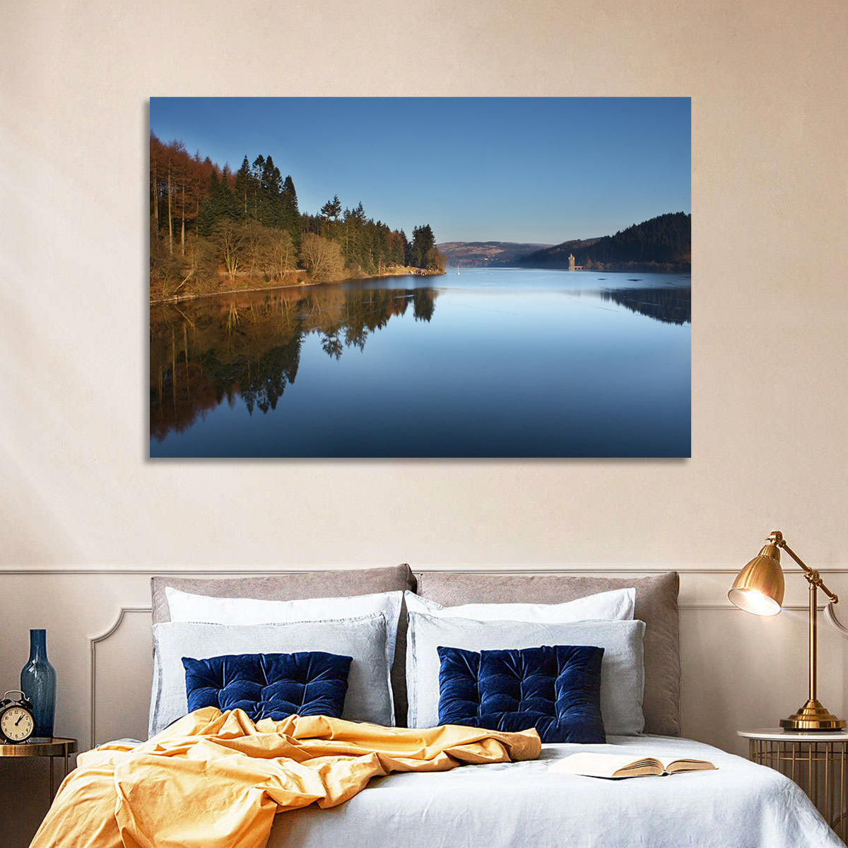 Lake Vyrnwy Golden Hour Reflection Wall Art in a room, landscape