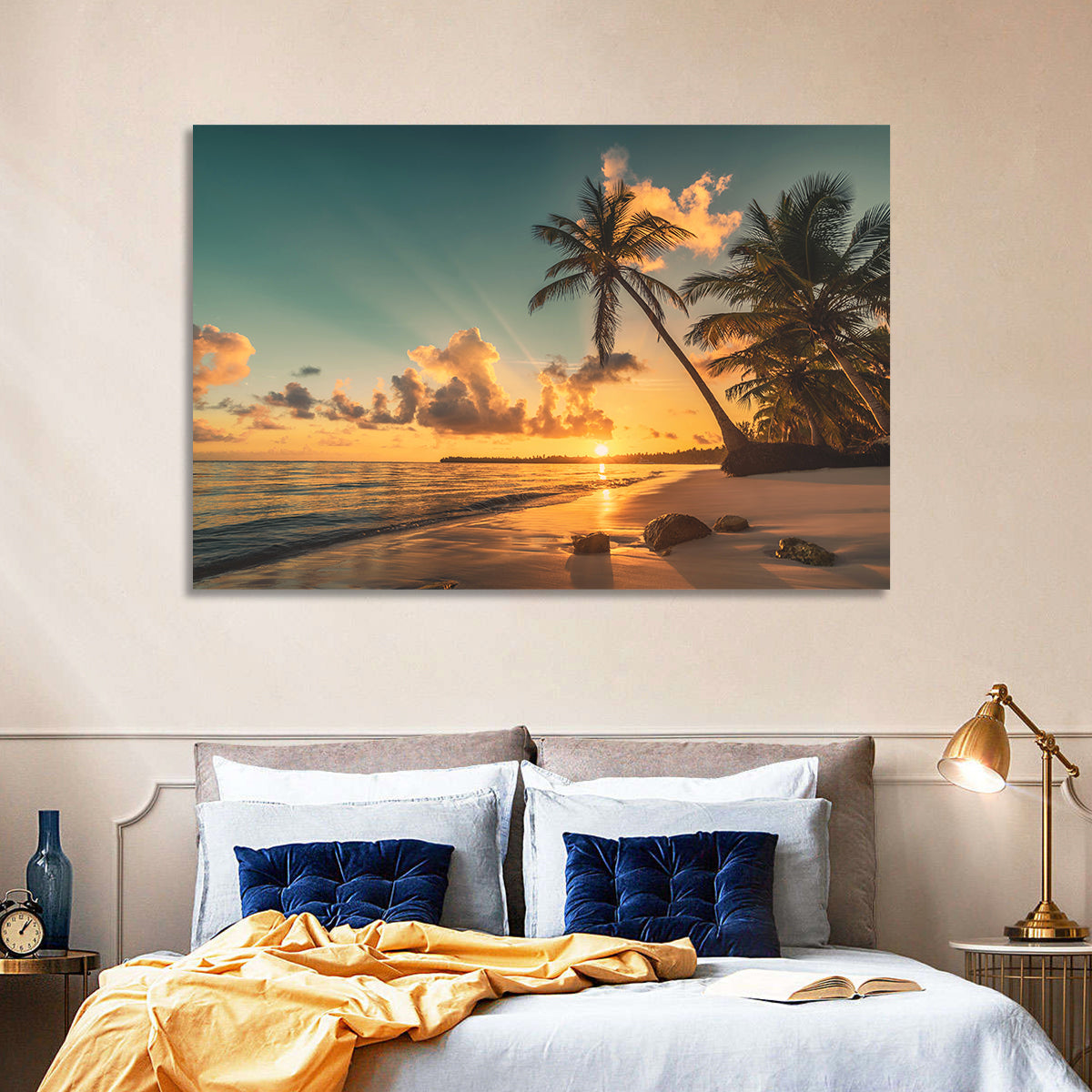 Golden Hour Palm Beach Sunset Wall Art in a room, landscape