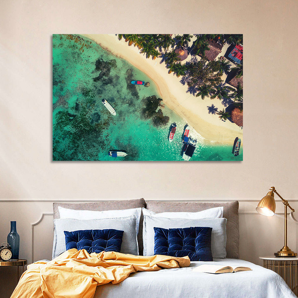 Aerial Tropical Shoreline with Six Boats Wall Art