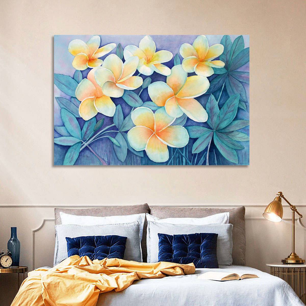 Watercolor Frangipani Cluster Wall Art in a room, landscape