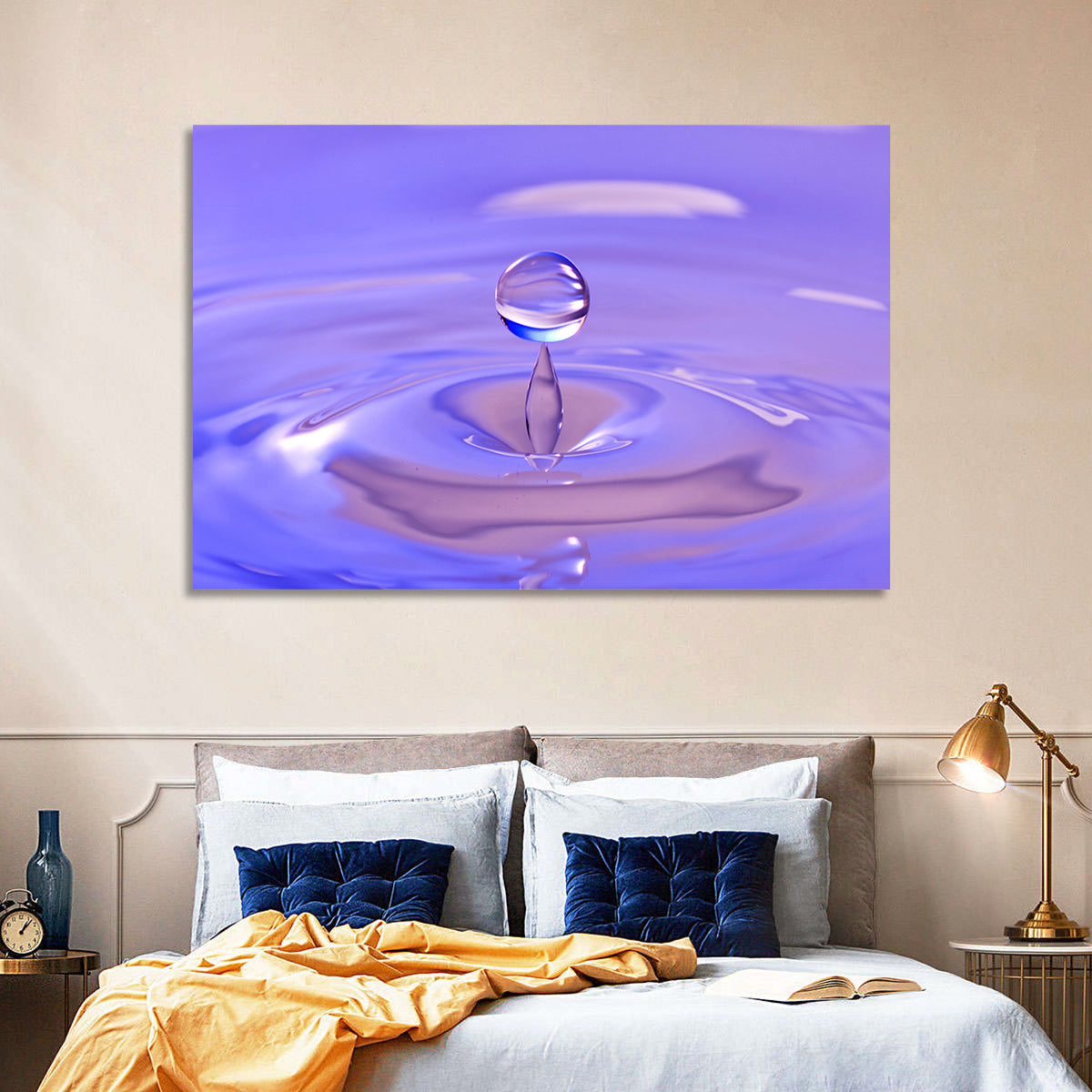 Purple Water Droplet Splash Wall Art in a room, landscape