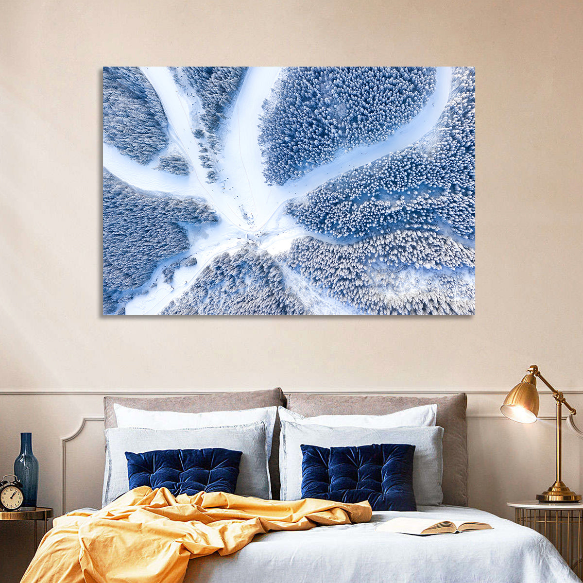 Birds-eye Ski Resort Landscape Wall Art in a room, landscape