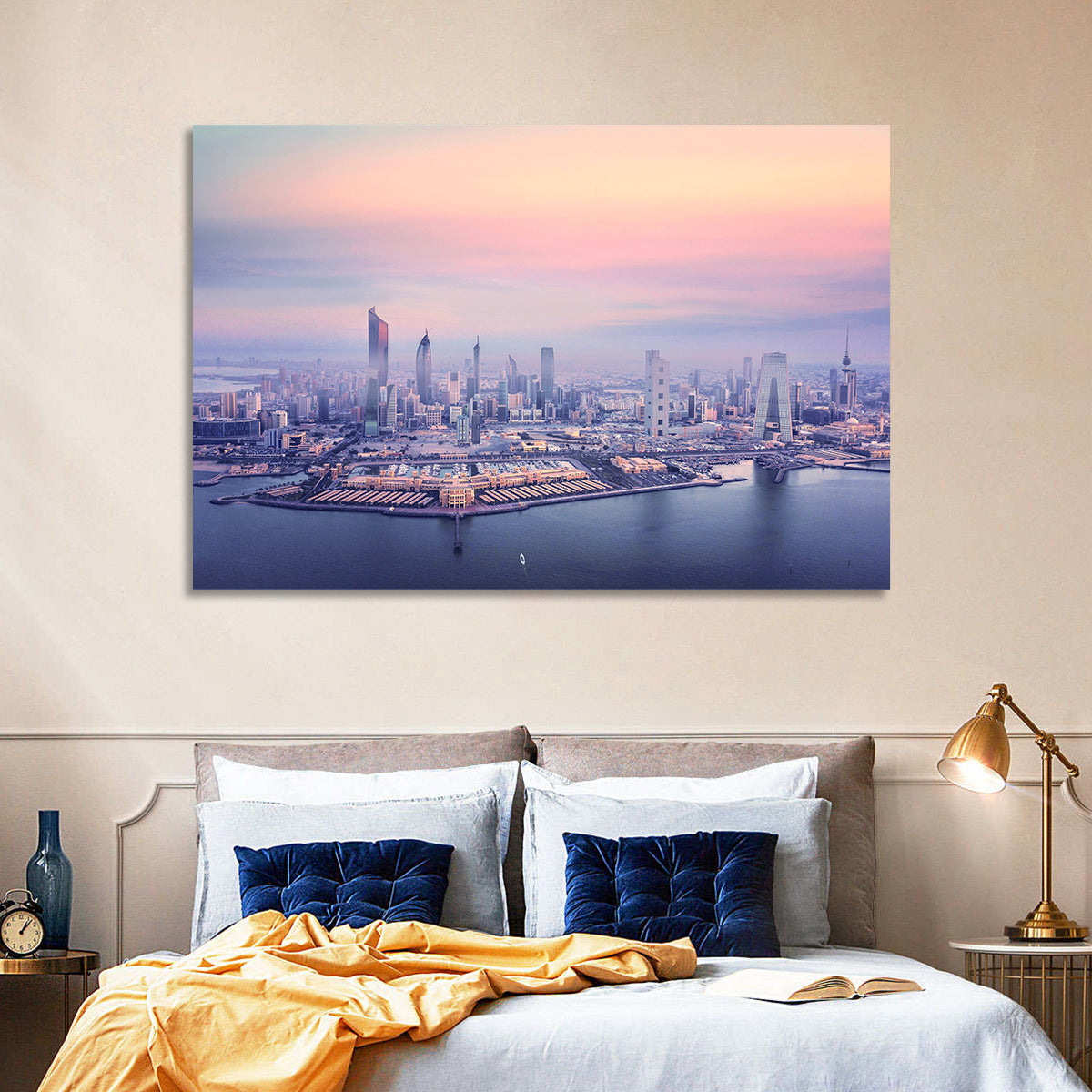 Kuwait City Twilight Skyline Wall Art in a room, landscape