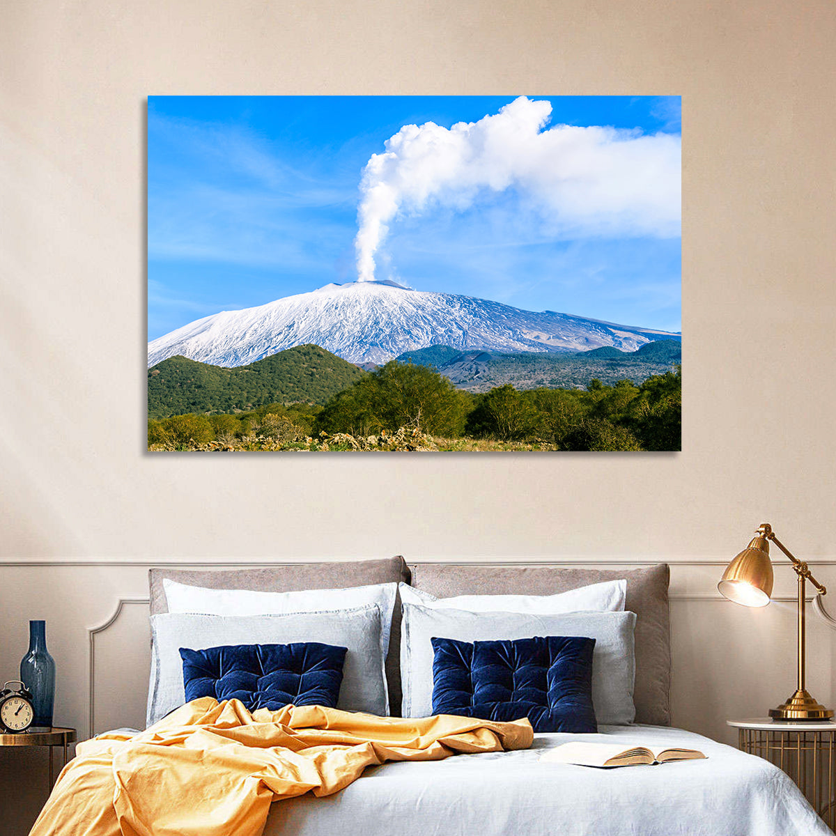 Snow-capped Mount Etna with Volcanic Plume Wall Art