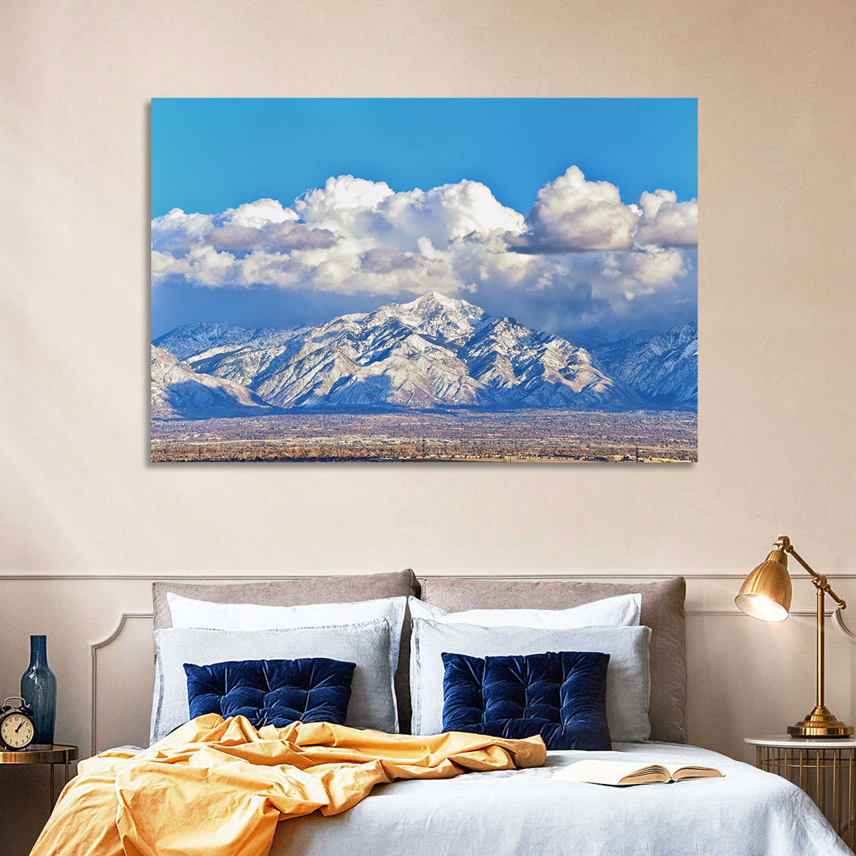 Wasatch Snow Capped Peaks Wall Art in a room, landscape
