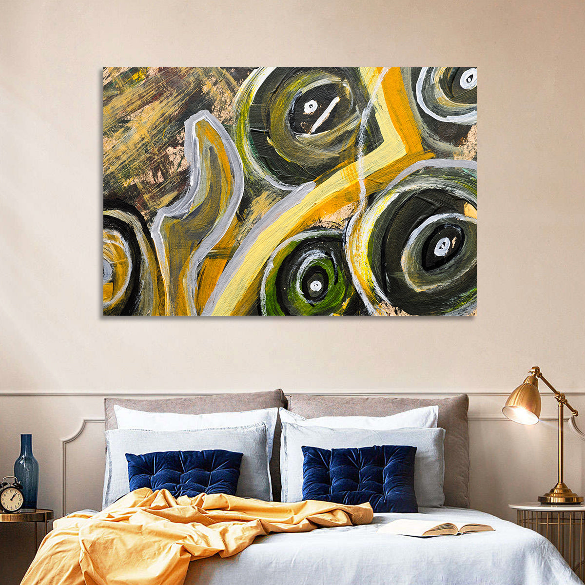 Impasto Swirl Circles in Yellow and Black Wall Art in a room, landscape