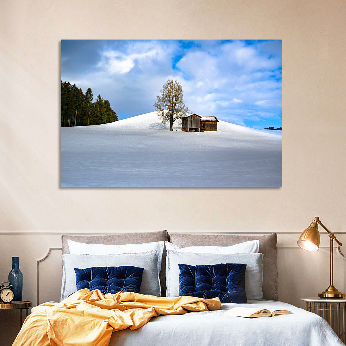 Rustic Barn on a Snowy Hill Wall Art in a room, landscape