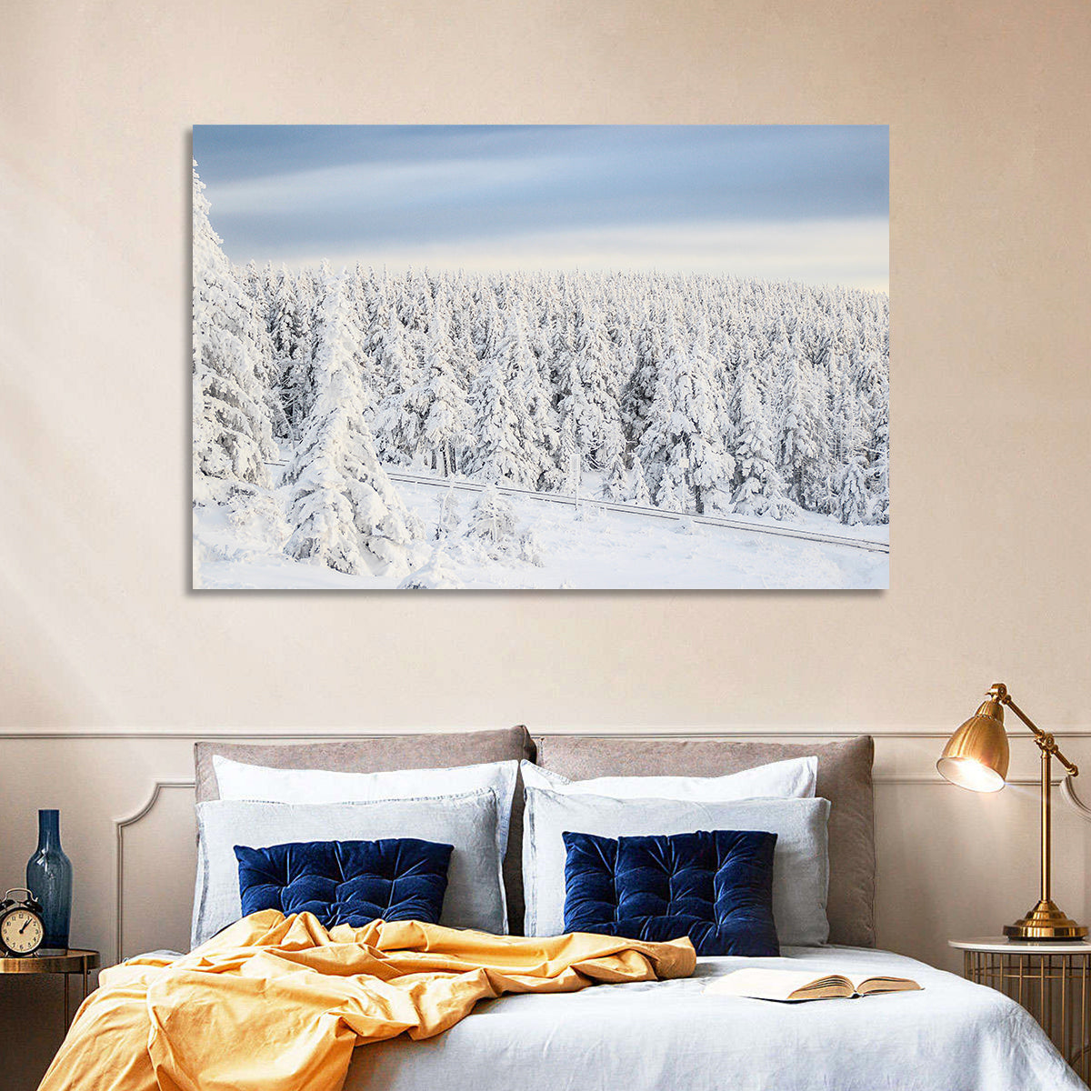 Snowy Forest Railway Tracks Wall Art in a room, landscape