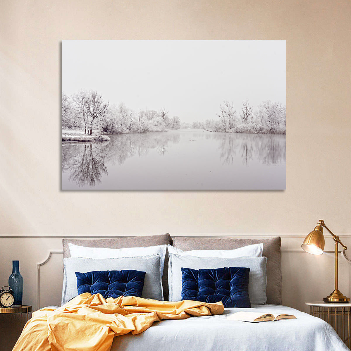 Frozen River Reflection in Winter Fog Wall Art in a room, landscape