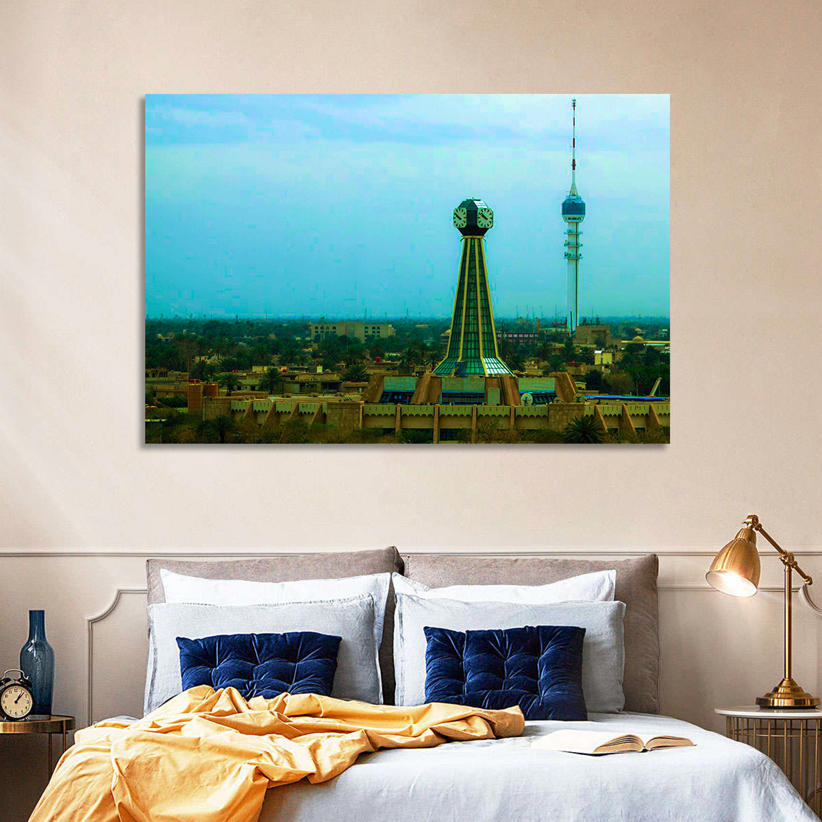Baghdad Clock Tower Cityscape Wall Art in a room, landscape