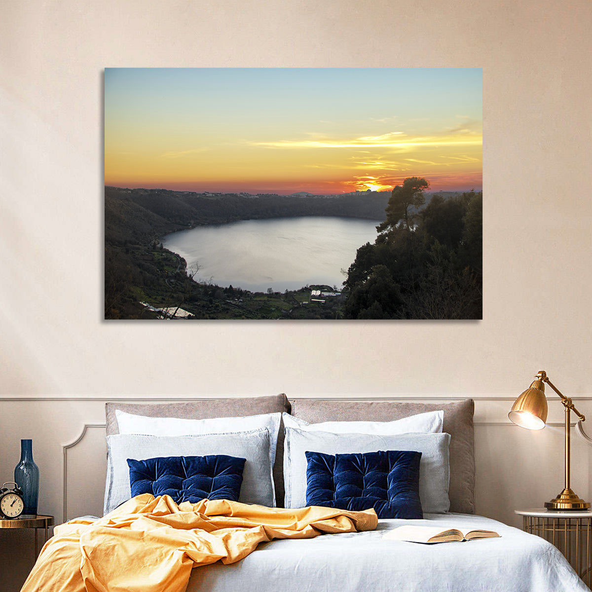 Lake Nemi Golden Sunset Wall Art in a room, landscape